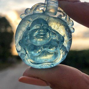 Aquamarine Gem Pendant Carved Buddha - RARE-